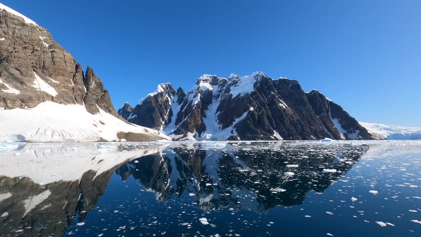 Water surface on background of snow-capped mountains time lapse in Antarctica. Calmness characteristic of Antarctica is given by clear blue sky. | Shutterstock HD Video #1099592955