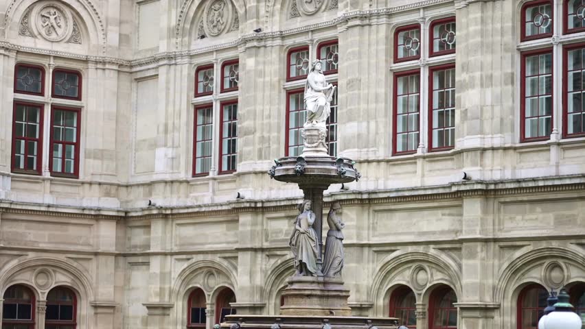 Fountain in front of the Vienna Opera House, Austria. Historic venue for classical opera, ballets, music theater and concerts.
