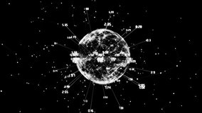 Animation of light trails over globe of connections with data processing on black background. Global connections, computing and digital interface concept digitally generated video.