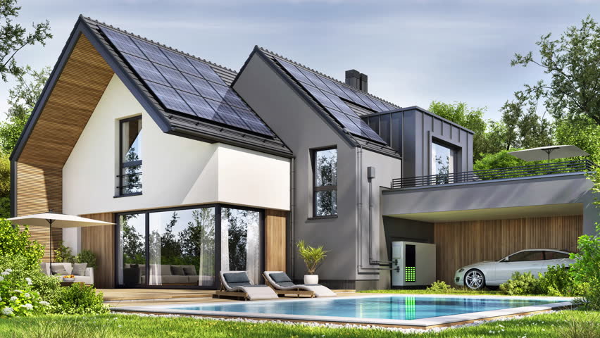 Modern house with solar panels and storage batteries. 3D rendering  Royalty-Free Stock Footage #1099597125