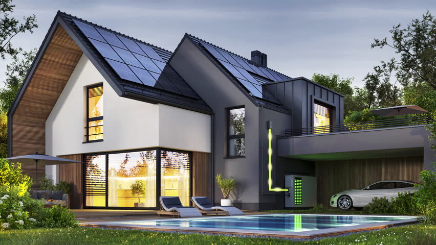 Modern house with solar panels and storage batteries. 3D rendering  Royalty-Free Stock Footage #1099597125