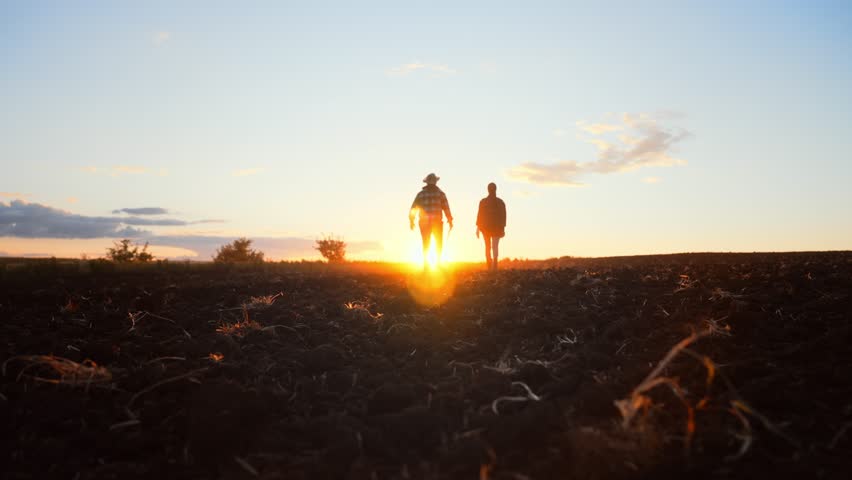 Teamwork concept. Silhouette two farmers walking in a green field against sunset. Team farmers in a field. Agronomists discuss harvest. | Shutterstock HD Video #1099598681