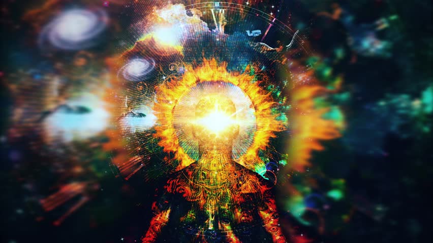 Through eternity. Angels soars in space. Man with ring of fire around head. Animated 4K video Royalty-Free Stock Footage #1099599625