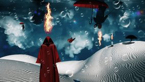 Figure in red cloak stands in desert. Man floats in red umbrella. Green tree on a sand dune. Figure of monk in a distance. Animated 4K video