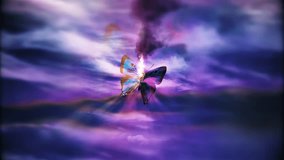Butterfly in abstract purple sky. Animated 4K video