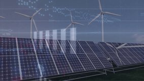 Animation of statistical data processing against spinning windmills and solar panels. Renewable energy and business data technology concept - Powered by Shutterstock - Get 15% off with code: PIKWIZARD15