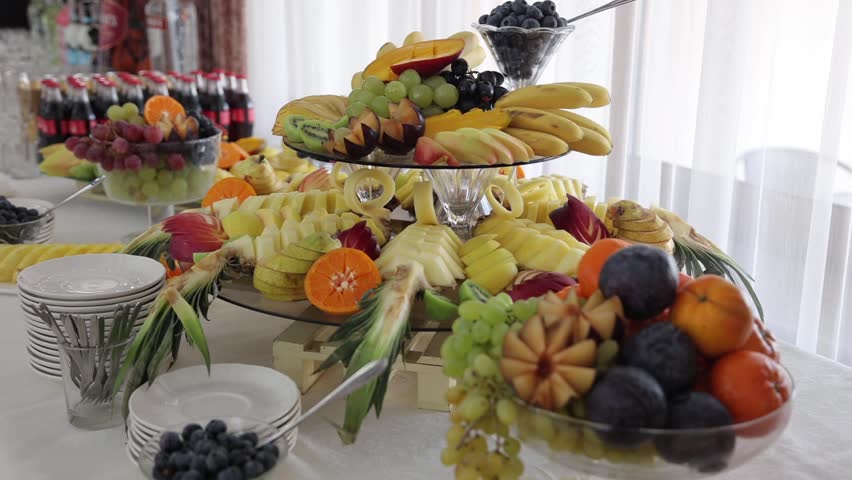 Festive table with delicious snacks. Great selection, whets the appetite. Wedding in Ukraine | Shutterstock HD Video #1099603291