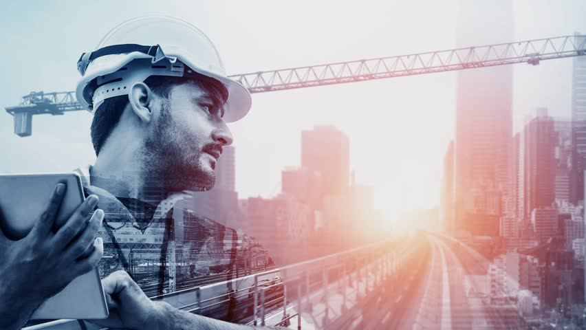 Future building construction and inventive engineering project concept with HUD hologram graphic design. Building engineer, architect people or construction worker works with modern civil technology.