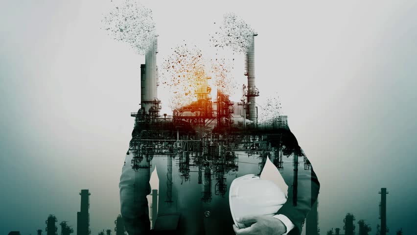 Inventive management of air pollution from conventional power industry that causes problem to world environment such as global warming. Concept of change to the era, stop old toxic polluting factory. | Shutterstock HD Video #1099603679