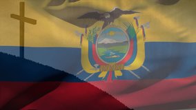Animation of christian cross and flag of ecuador. Religion, tradition and christianity concept digitally generated video.