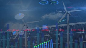 Animation of trading board and multiple graphs over windmills and solar panels. Digital composite, multiple exposure, investment, database, report, electricity, sustainable, green technology. - Powered by Shutterstock - Get 15% off with code: PIKWIZARD15