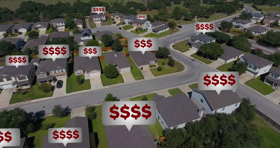 An aerial view of a typical middle class midwestern residential neighborhood with fictional real estate home value price tags over various homes.	 | Shutterstock HD Video #1099606913