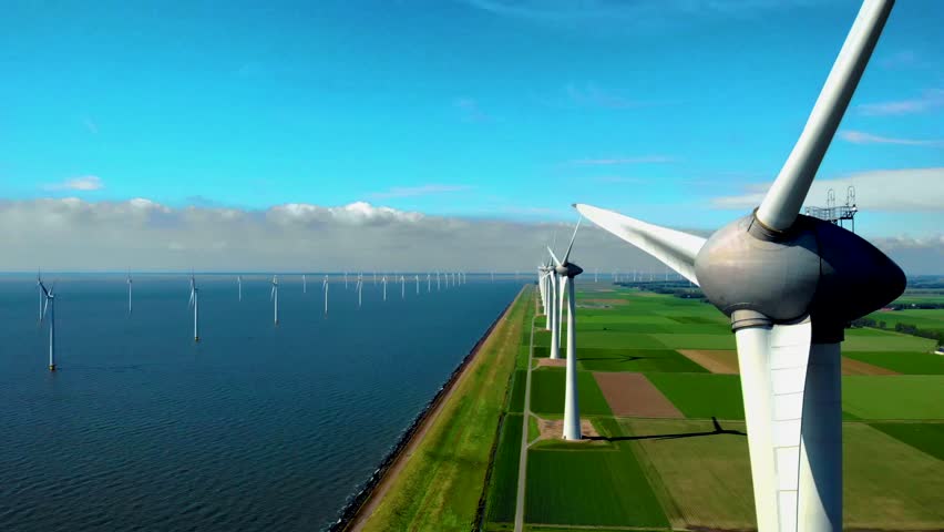 Offshore windmill park with clouds and a blue sky, windmill park in the ocean aerial view of wind turbine Flevoland Netherlands Ijsselmeer. Green energy.  | Shutterstock HD Video #1099607483