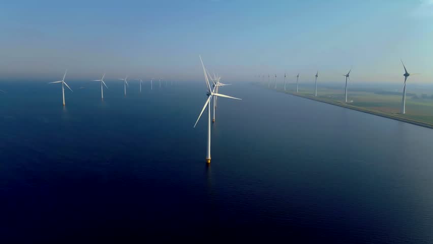 Offshore windmill park with clouds and a blue sky, windmill park in the ocean aerial view with wind turbine Flevoland Netherlands Ijsselmeer | Shutterstock HD Video #1099607487