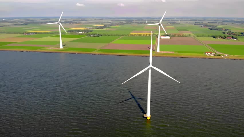 Windmill park with clouds and a blue sky, windmill park in the ocean aerial view with wind turbine Flevoland Netherlands Ijsselmeer. Green energy.  | Shutterstock HD Video #1099607533