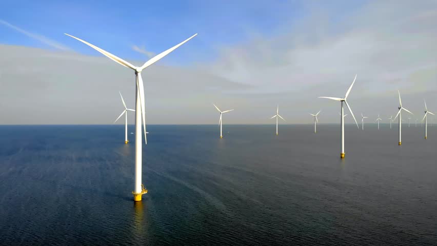 Offshore windmill park with clouds and a blue sky, windmill park in the ocean aerial view with wind turbine Flevoland Netherlands Ijsselmeer. Green energy.  | Shutterstock HD Video #1099607551