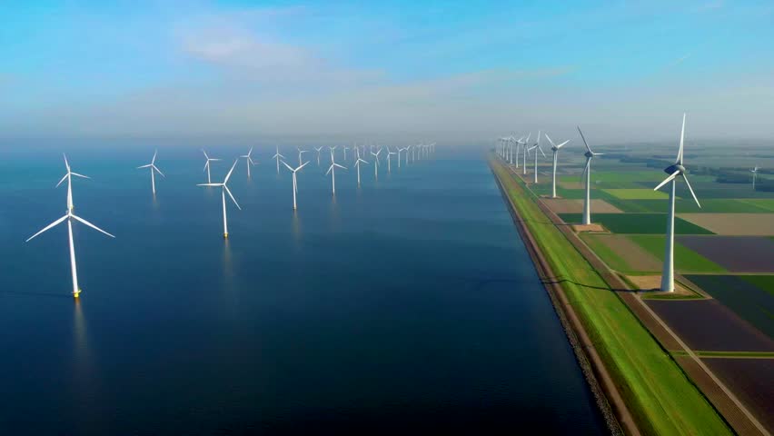 Windmill park in the ocean aerial view with wind turbine wind energy Flevoland Netherlands Ijsselmeer. Green energy.  | Shutterstock HD Video #1099607553