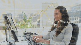 Animation of financial data processing over caucasian businessman using computer. Global business, finance, computing and data processing concept digitally generated video.