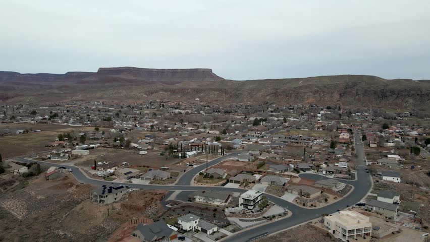 Aerial flyover of a neighborhood in La Verkin, Utah
