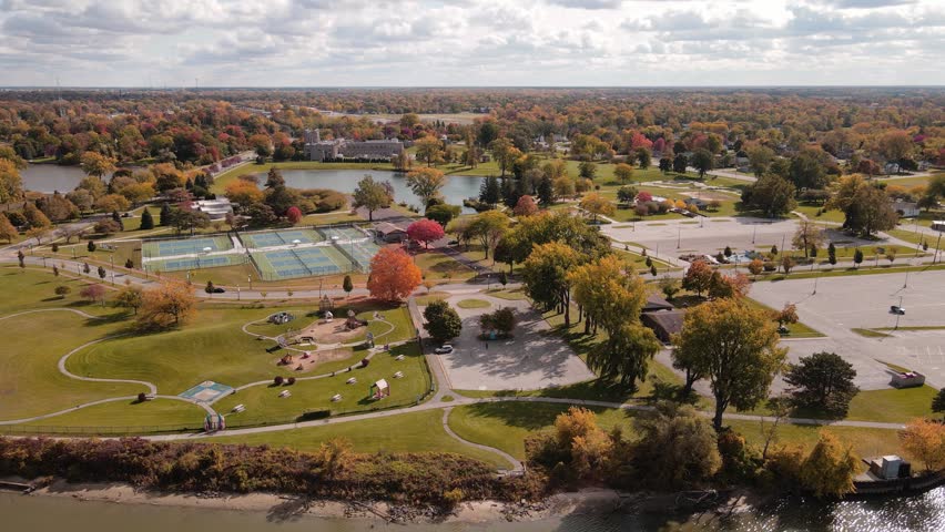 Frank N. Andersen Celebration Park in Saginaw, Michigan, USA, aerial establishing shot