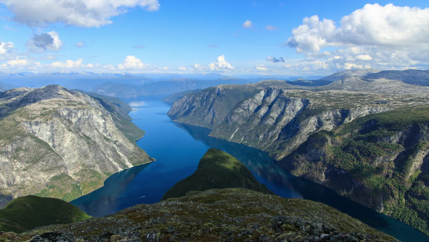 Timelapse from beautiful vantage point high above the fjord in Aurland, Norway Royalty-Free Stock Footage #1099609437