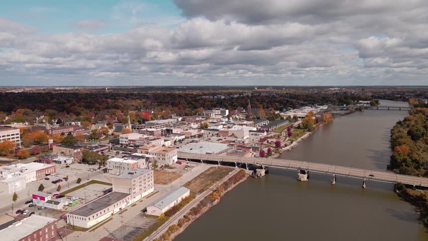 Saginaw city center and riverside, Michigan, USA in fall, drone view