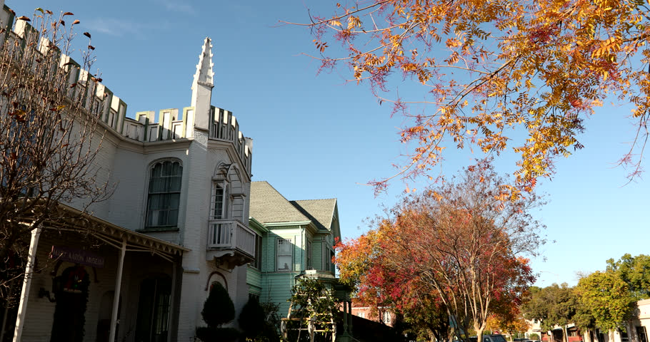 Late afternoon view of a historic neighborhood in downtown Marysville, California, USA.