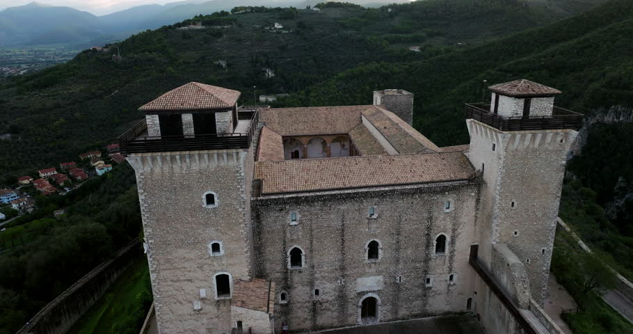 Rocca Albornoziana Medieval Fortress In Spoleto, Italy - aerial shot