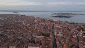 Aerial drone video of Venice panoramic landmark, aerial view of Venice island cityscape and Venetian lagoon from above, Italy