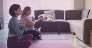 Animation of rainbow heart over caucasian lesbian couple practicing yoga at home. supporting lgbt rights and gender equality digitally generated video.
