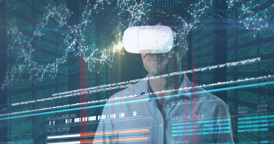 Animation of data processing over caucasian man with vr headset. global technology and digital interface concept digitally generated video. | Shutterstock HD Video #1099614517