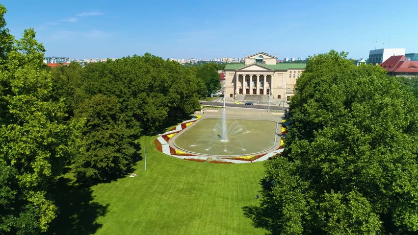 Aerial view of the fountain in Mickiewicz Park in Poznan