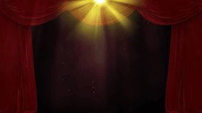 Animation of scenic light over black background and curtains. Theater, scene and lightening concept digitally generated video.