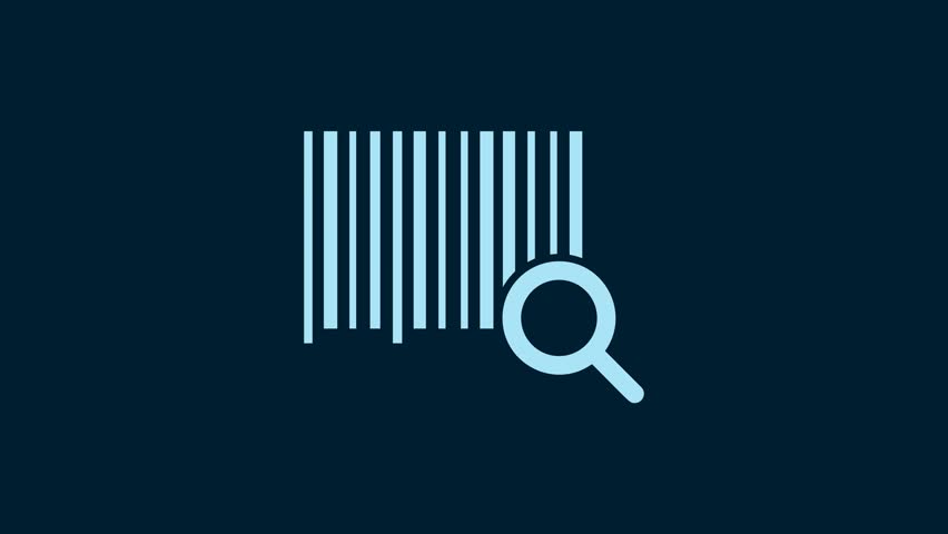White Search barcode icon isolated on blue background. Magnifying glass searching barcode. Barcode label sticker. Research barcode. 4K Video motion graphic animation.