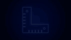 Glowing neon line Corner ruler icon isolated on black background. Setsquare, angle ruler, carpentry, measuring utensil, scale. 4K Video motion graphic animation.