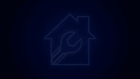 Glowing neon line House or home with wrench spanner icon isolated on black background. Adjusting, service, setting, maintenance, repair, fixing. 4K Video motion graphic animation.