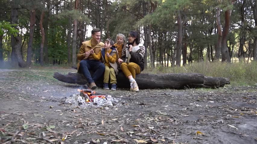Slow Motion Family eating sausages near a fire in the woods. | Shutterstock HD Video #1099620531