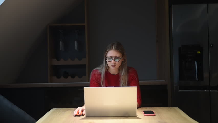 Frustrated annoyed woman confused by computer problem, annoyed businesswoman feels indignant about laptop crash, bad news online or disgusting video on web, stressed student looking at broken Royalty-Free Stock Footage #1099623633