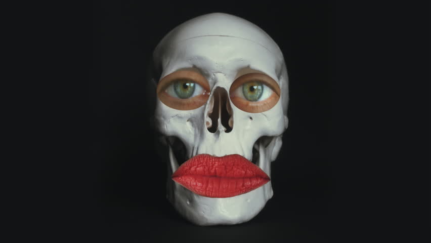 Skull Talking Funny Face Lipstick Mouth Weird Eyes. Funny skull face talking wearing lipstick in mouth and fake weird eyes | Shutterstock HD Video #1099625507