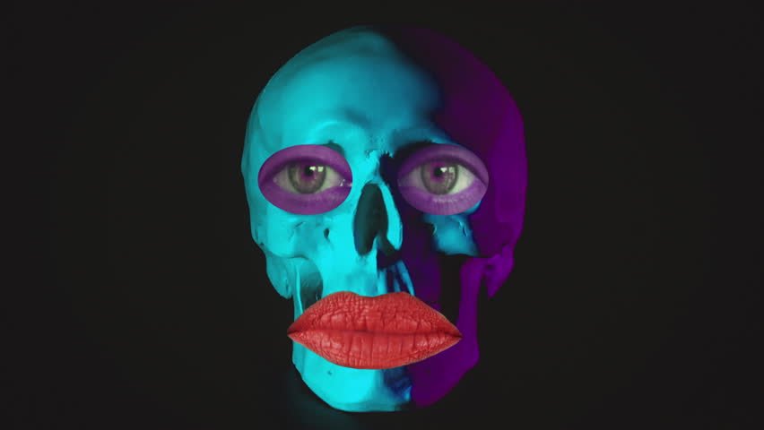 Funny Skull Talking Mouth Lipstick Weird Eyes. Funny skull face talking wearing lipstick in mouth and fake weird eyes | Shutterstock HD Video #1099625511