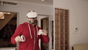 Virtual Party and Dance. Watch VR Dance Video, Play VR Music Game. Man Wearing Virtual Reality Headset Holding Gaming Controllers. Man Dancing VR headset on Virtual party. Technology.