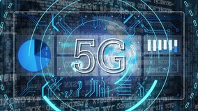 Animation of 5g over globe, data processing and integrated circuit on black background. global network, connections, data and technology concept digitally generated video. - Powered by Shutterstock - Get 15% off with code: PIKWIZARD15