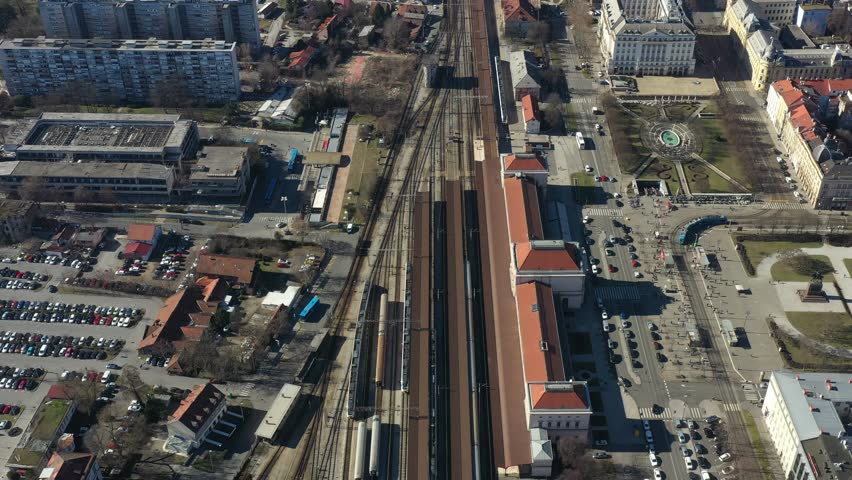 4K aerial video of the main railway station in Zagreb, Croatia