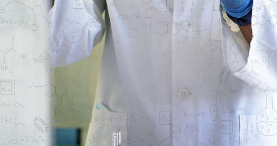 Animation of chemical formulas over hands of african american female lab worker with sample. science, chemistry and medicine concept digitally generated video.