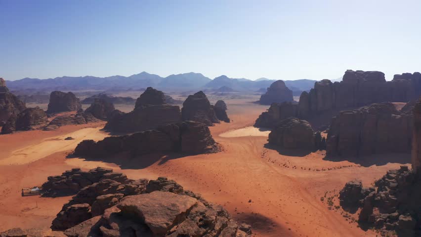 Aerial, Hisma Desert, Tabuk Region, Saudi Arabia. Graded and stabilized version.  Royalty-Free Stock Footage #1099628863