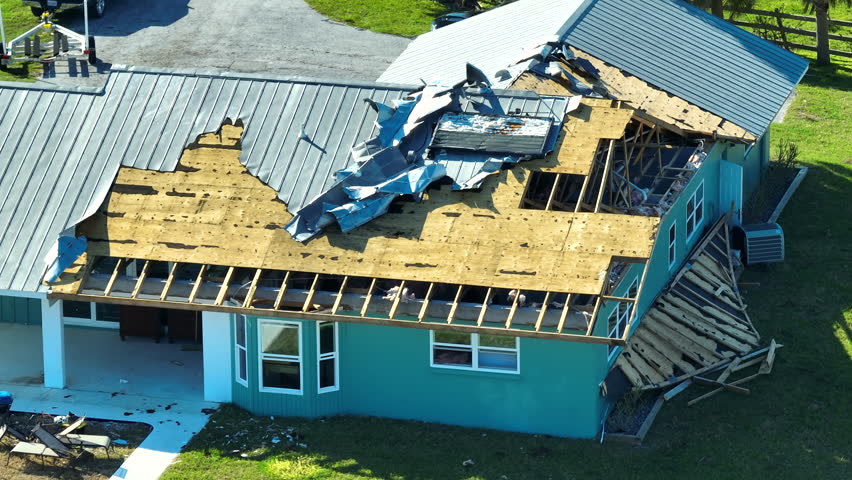 Hurricane Ian destroyed house roof in Florida residential area. Natural disaster and its consequences Royalty-Free Stock Footage #1099629071