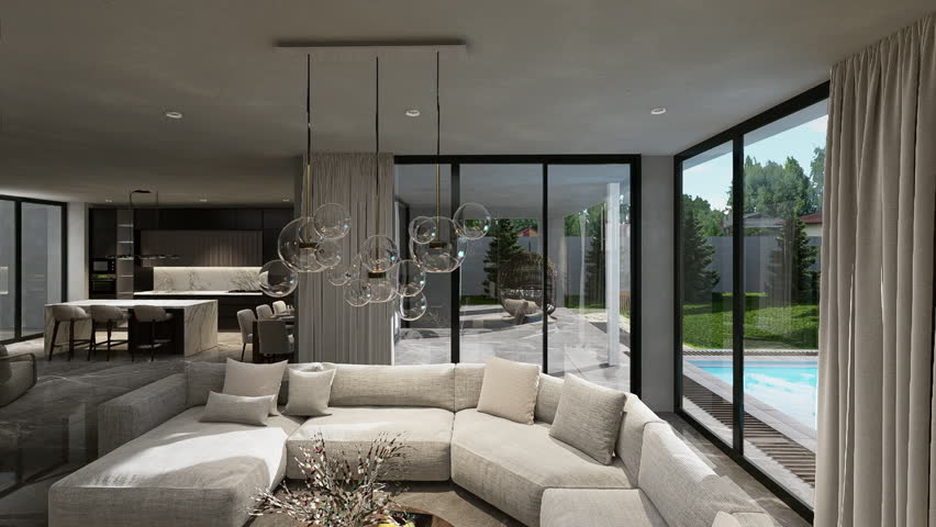 Living room interior in a luxurious modern house. 3D animation. Royalty-Free Stock Footage #1099629815