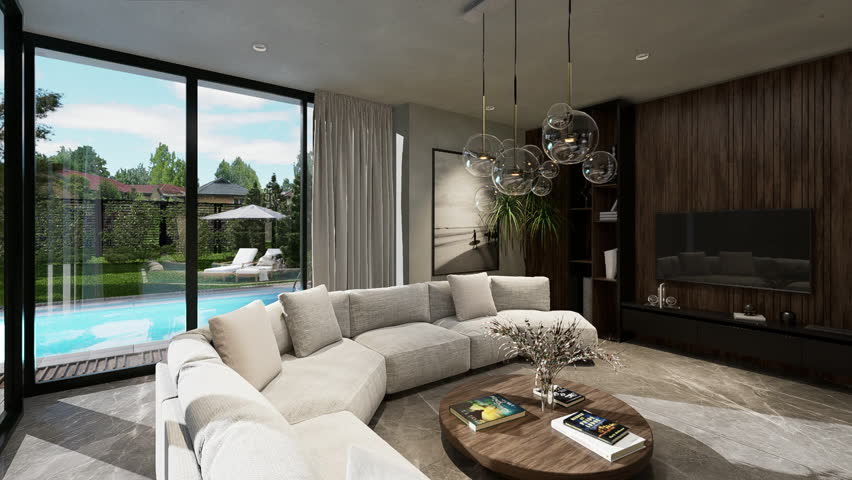 Living room interior in a luxurious modern house. 3D animation.