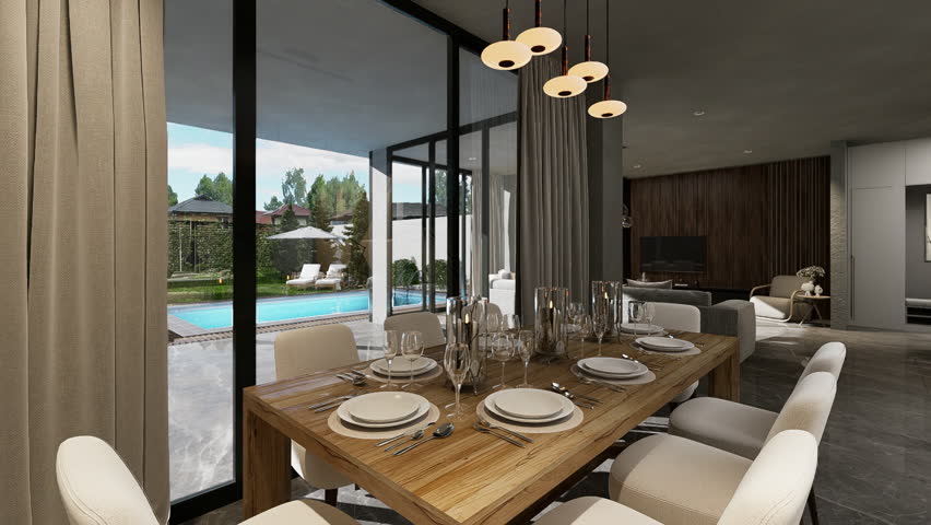 Dining room kitchen interior in luxury modern home. 3D animation.