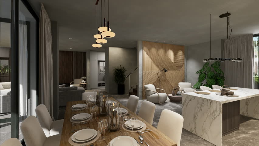 Dining room kitchen interior in luxury modern home. 3D animation.